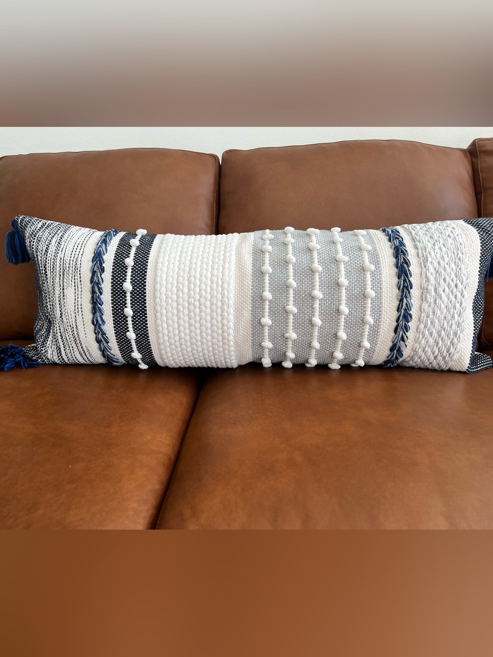 Handwoven Navy and Cream Lumbar Pillow and 2 Matching Pillow Covers.